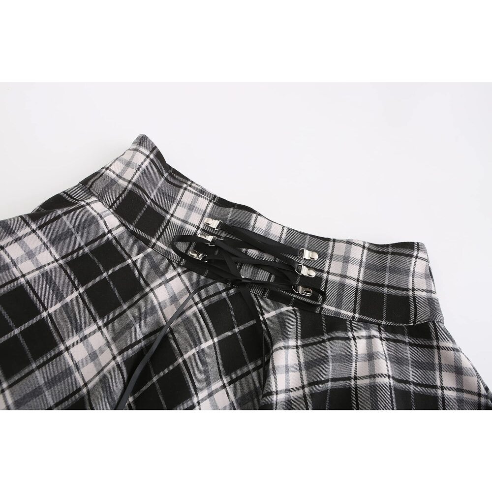 3858 Gothic Punk Plaid Pleated High Waisted Short A-line Flare Mini Skirt - Picture 3 of 6